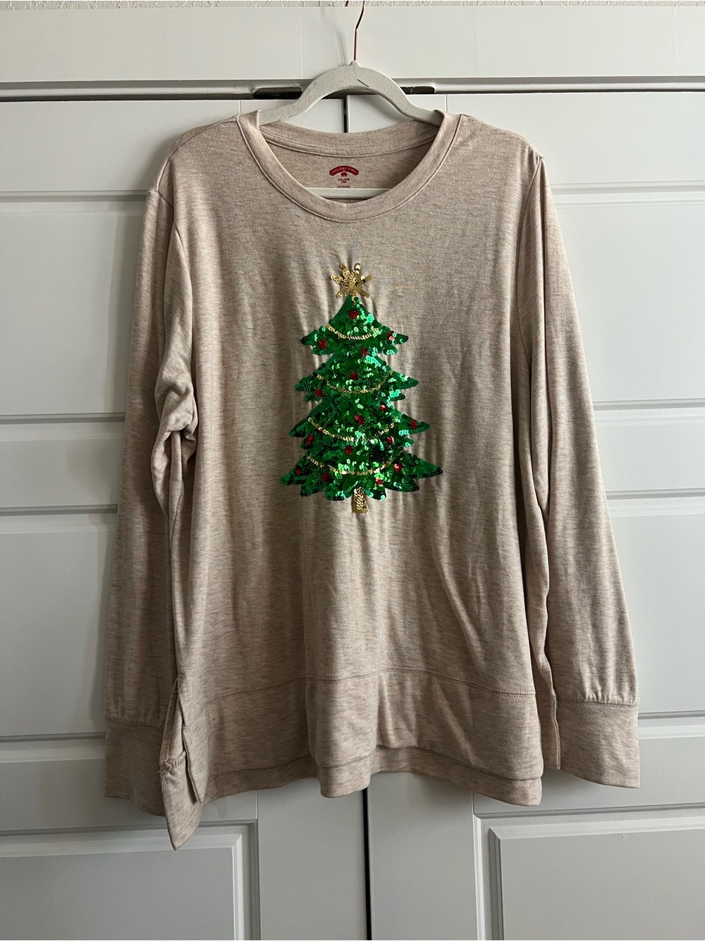 Holiday Time Beige Long Sleeve Top with Green Sequin Christmas Tree